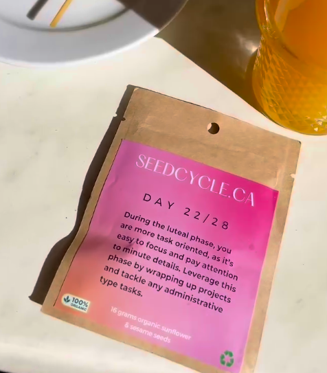 Pre-measured Seed Cycle sachet with organic seeds, designed to support hormonal balance and menstrual cycle health